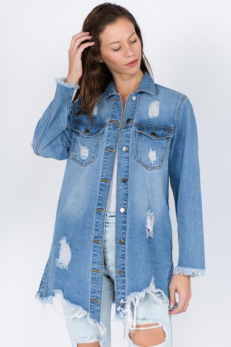 American Bazi Distressed Frayed Hem Denim Jacket - S. M. & Co. Denim Jacket