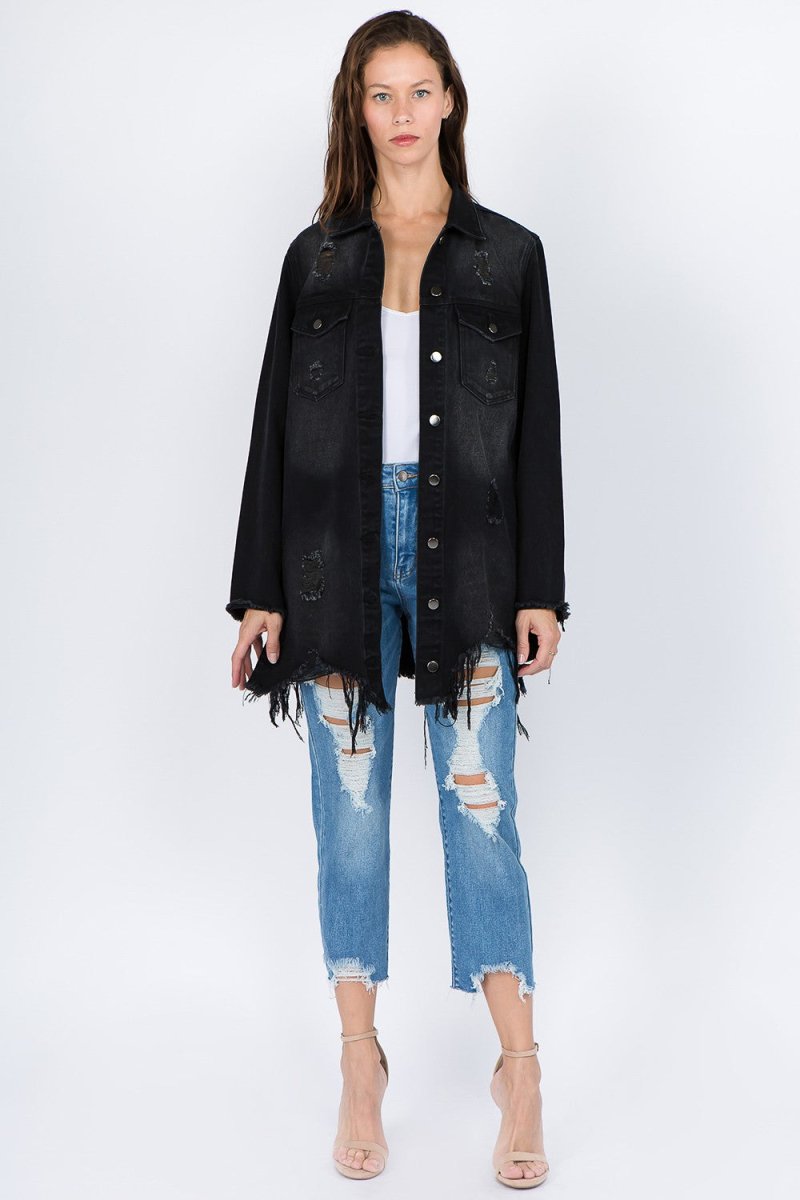 American Bazi Distressed Frayed Hem Denim Jacket - S. M. & Co. Denim Jacket