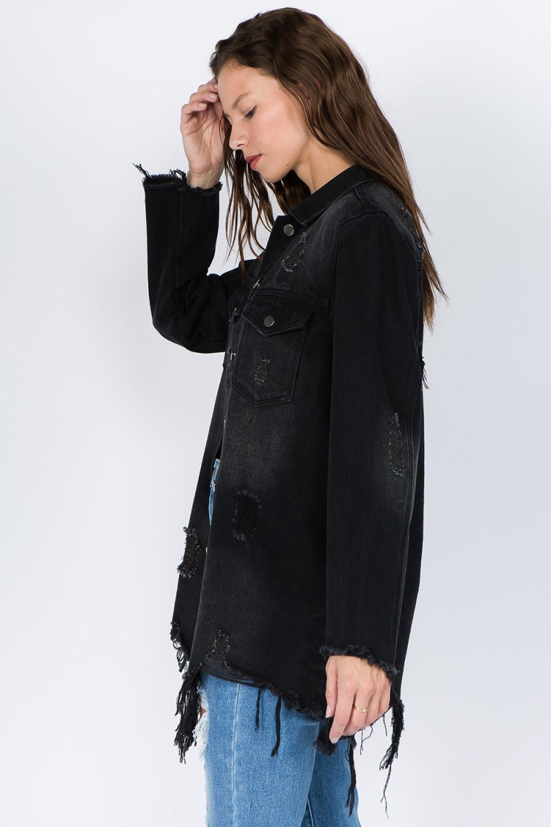 American Bazi Distressed Frayed Hem Denim Jacket - S. M. & Co. Denim Jacket