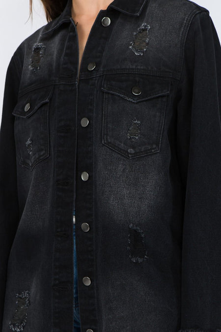 American Bazi Distressed Frayed Hem Denim Jacket - S. M. & Co. Denim Jacket