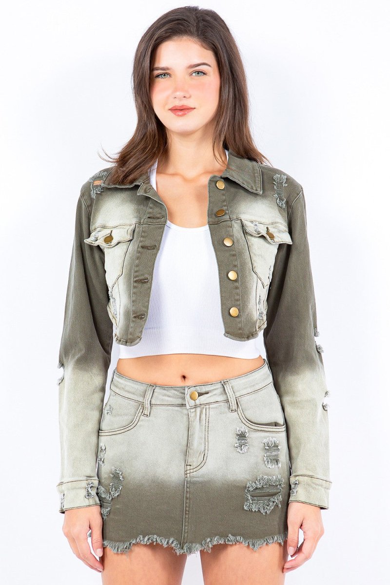 American Bazi Distressed Ombre Washed Cropped Denim Jacket - S. M. & Co. Denim Jacket