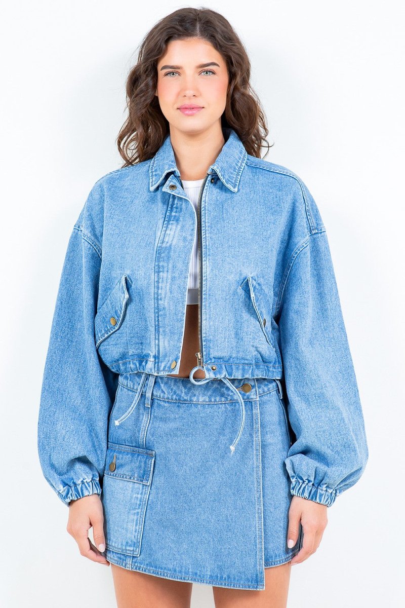 American Bazi Drawstring Waist Crop Denim Jacket - S. M. & Co. Denim Jacket