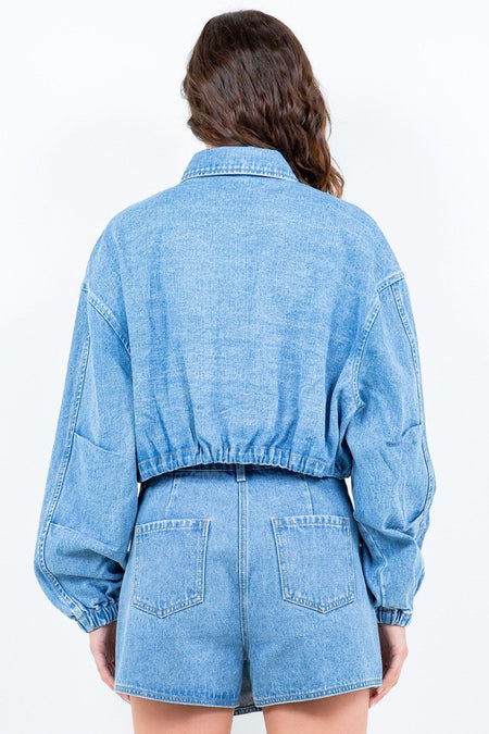 American Bazi Drawstring Waist Crop Denim Jacket - S. M. & Co. Denim Jacket