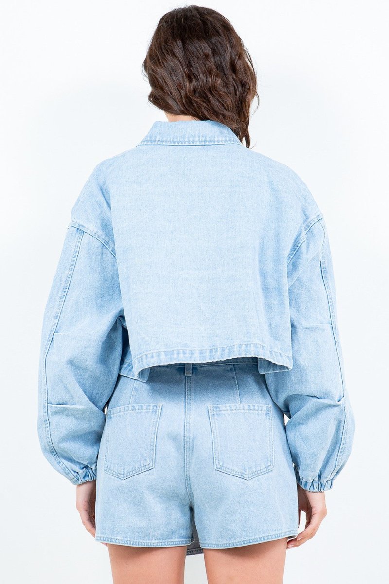 American Bazi Drawstring Waist Crop Denim Jacket - S. M. & Co. Denim Jacket