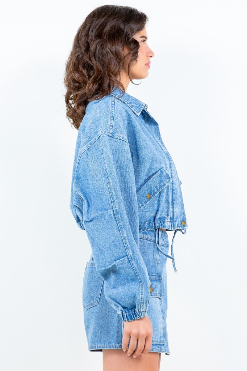 American Bazi Drawstring Waist Crop Denim Jacket - S. M. & Co. Denim Jacket