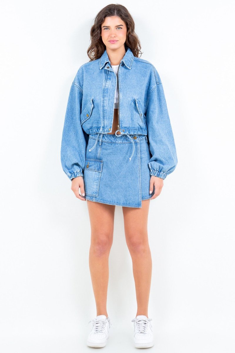 American Bazi Drawstring Waist Crop Denim Jacket - S. M. & Co. Denim Jacket