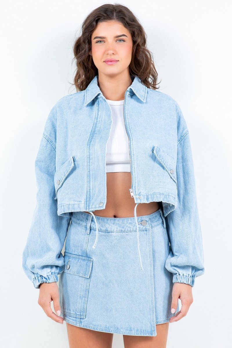 American Bazi Drawstring Waist Crop Denim Jacket - S. M. & Co. Denim Jacket