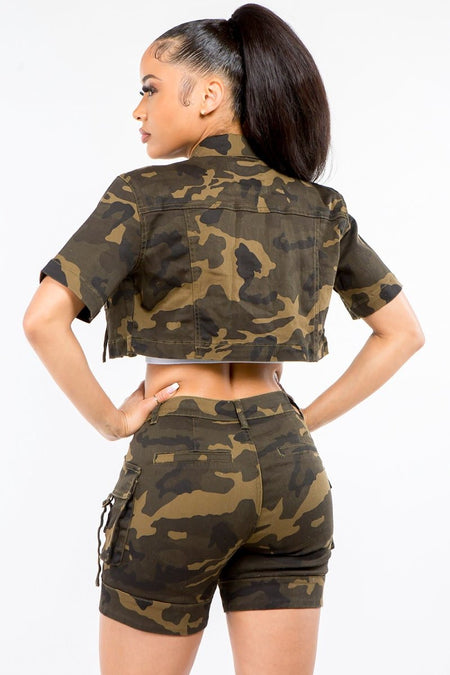 American Bazi Full Size Camouflage Short Sleeve Cropped Jacket - S. M. & Co. Cropped Jacket