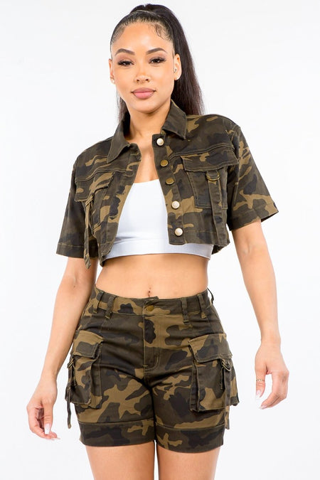 American Bazi Full Size Camouflage Short Sleeve Cropped Jacket - S. M. & Co. Cropped Jacket