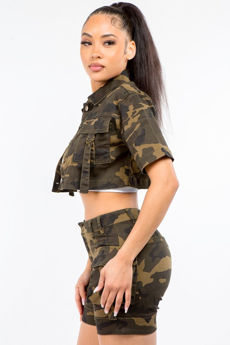 American Bazi Full Size Camouflage Short Sleeve Cropped Jacket - S. M. & Co. Cropped Jacket