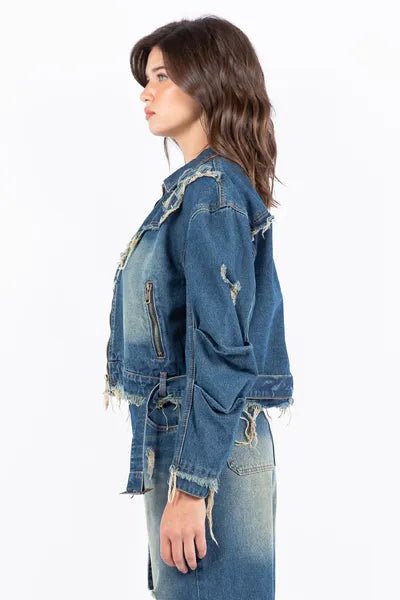 American Bazi Full Size Distressed Frayed Edge Zip Up Denim Jacket Plus Size - S. M. & Co.