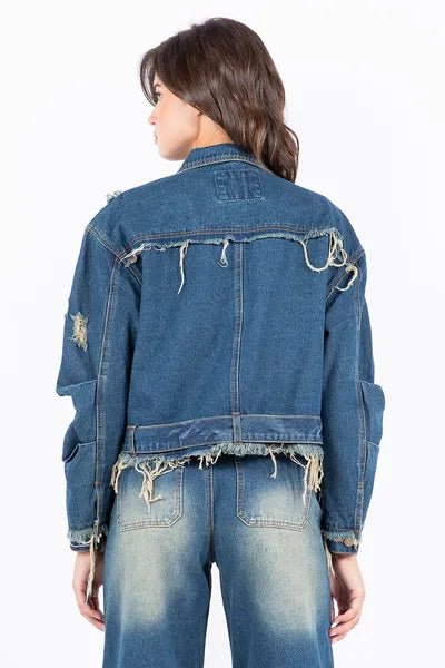 American Bazi Full Size Distressed Frayed Edge Zip Up Denim Jacket Plus Size - S. M. & Co.