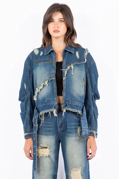 American Bazi Full Size Distressed Frayed Edge Zip Up Denim Jacket Plus Size - S. M. & Co.