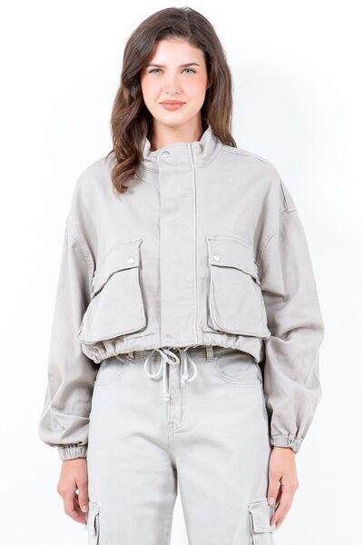 American Bazi Full Size Drawstring Hem Cargo Pocket Cropped Worker Jacket Plus Size - S. M. & Co.