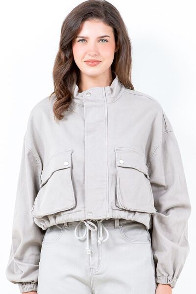 American Bazi Full Size Drawstring Hem Cargo Pocket Cropped Worker Jacket Plus Size - S. M. & Co.