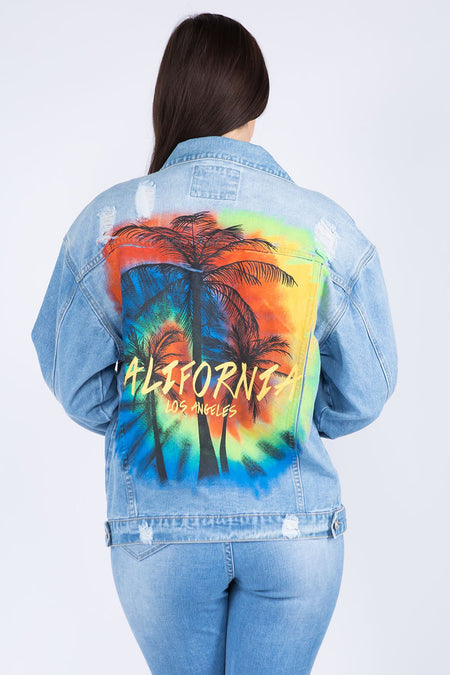 American Bazi Full Size Painted Back Distressed Denim Jacket - S. M. & Co.