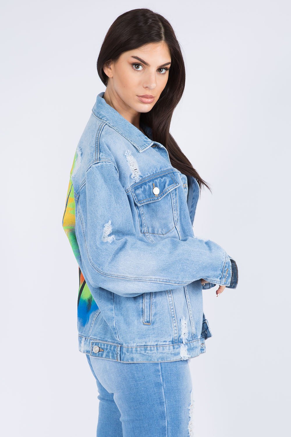 American Bazi Full Size Painted Back Distressed Denim Jacket - S. M. & Co.