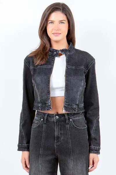 American Bazi Full Size Zip Up Cropped Denim Rider Jacket Plus Size - S. M. & Co.