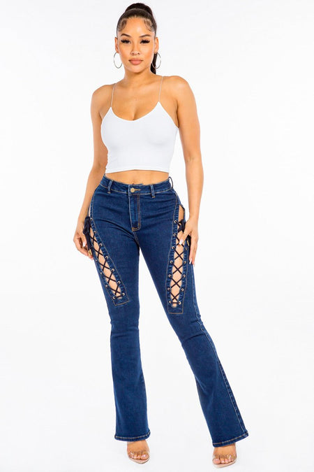 American Bazi High Rise Lace Up Jeans - S. M. & Co. Denim Jeans