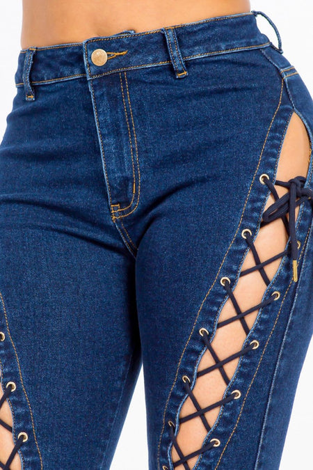 American Bazi High Rise Lace Up Jeans - S. M. & Co. Denim Jeans