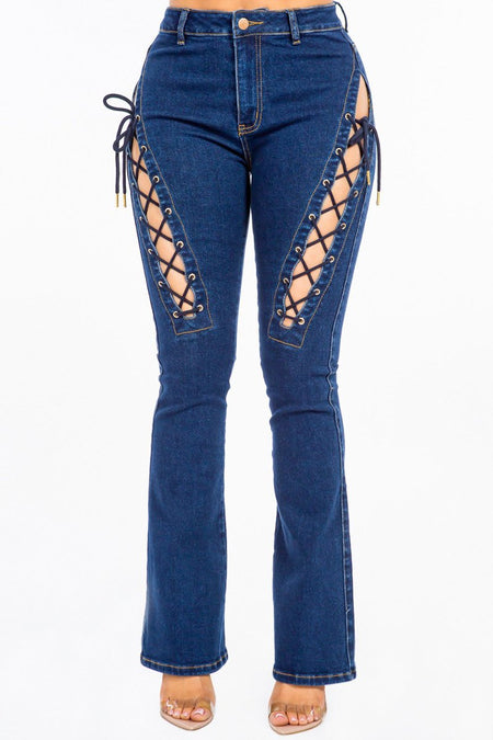 American Bazi High Rise Lace Up Jeans - S. M. & Co. Denim Jeans