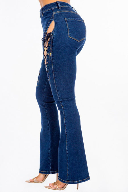 American Bazi High Rise Lace Up Jeans - S. M. & Co. Denim Jeans