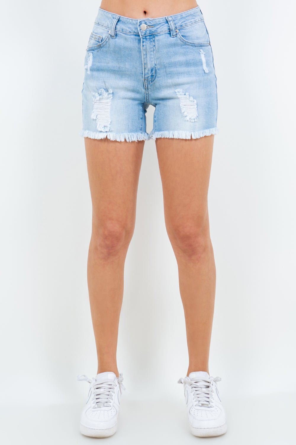 American Bazi High Waist Distressed Frayed Denim Shorts - S. M. & Co. Denim Shorts