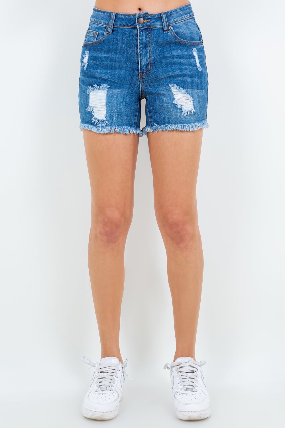 American Bazi High Waist Distressed Frayed Denim Shorts - S. M. & Co. Denim Shorts