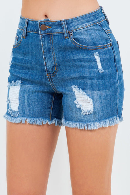 American Bazi High Waist Distressed Frayed Denim Shorts - S. M. & Co. Denim Shorts