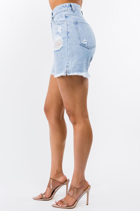 American Bazi High Waist Distressed Raw Hem Denim Shorts - S. M. & Co.