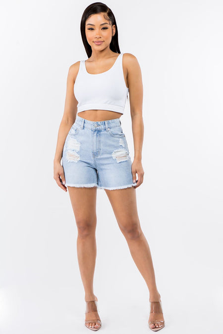 American Bazi High Waist Distressed Raw Hem Denim Shorts - S. M. & Co.