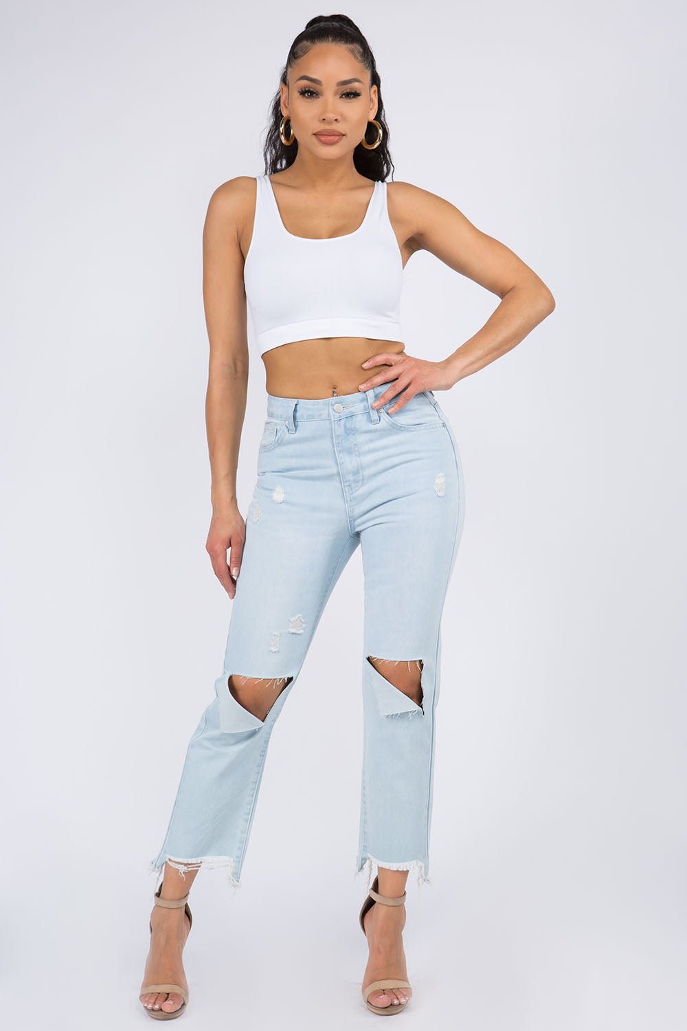 American Bazi High Waist Distressed Raw Hem Jeans - S. M. & Co. Raw Hem Jeans