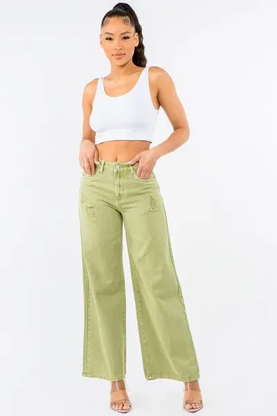 American Bazi High Waist Distressed Wide Leg Jeans - S. M. & Co.