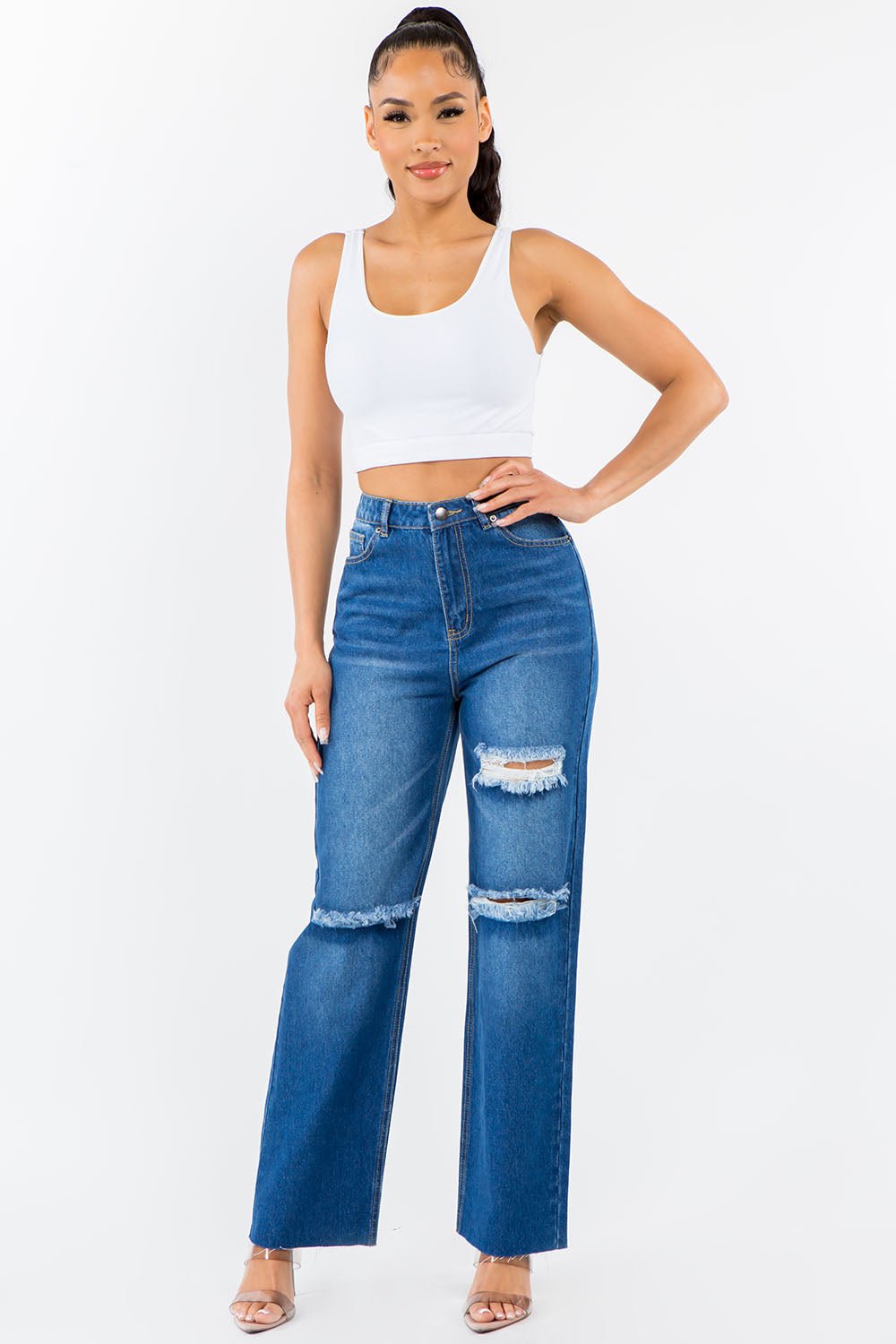 American Bazi High Waist Distressed Wide Leg Jeans - S. M. & Co. Denim Jeans