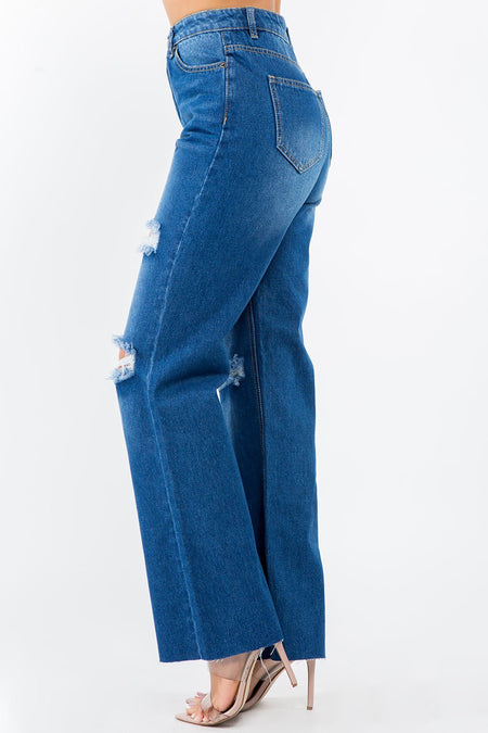 American Bazi High Waist Distressed Wide Leg Jeans - S. M. & Co. Denim Jeans