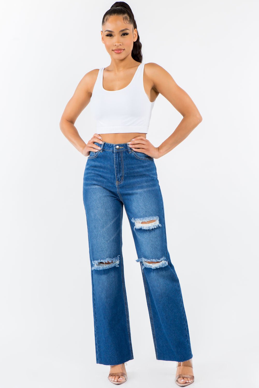 American Bazi High Waist Distressed Wide Leg Jeans - S. M. & Co. Denim Jeans