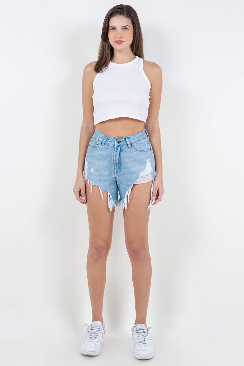 American Bazi High Waist Fringed Hem Denim Shorts - S. M. & Co. Denim Shorts