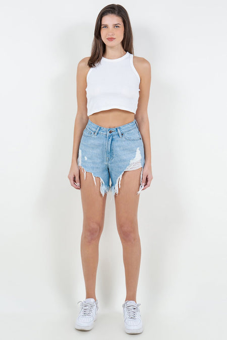 American Bazi High Waist Fringed Hem Denim Shorts - S. M. & Co. Denim Shorts