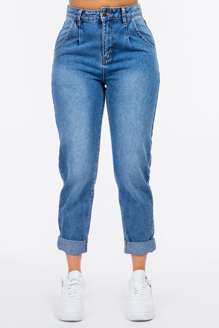 American Bazi High Waist Pleated Waist Mom Jeans - S. M. & Co.