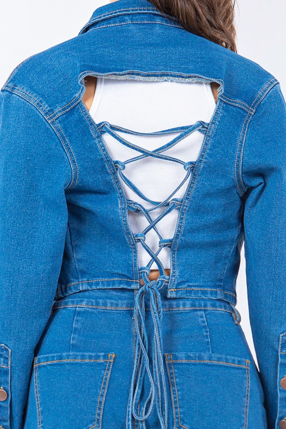 American Bazi Laced Back Cropped Denim Jacket - S. M. & Co. Denim Jacket