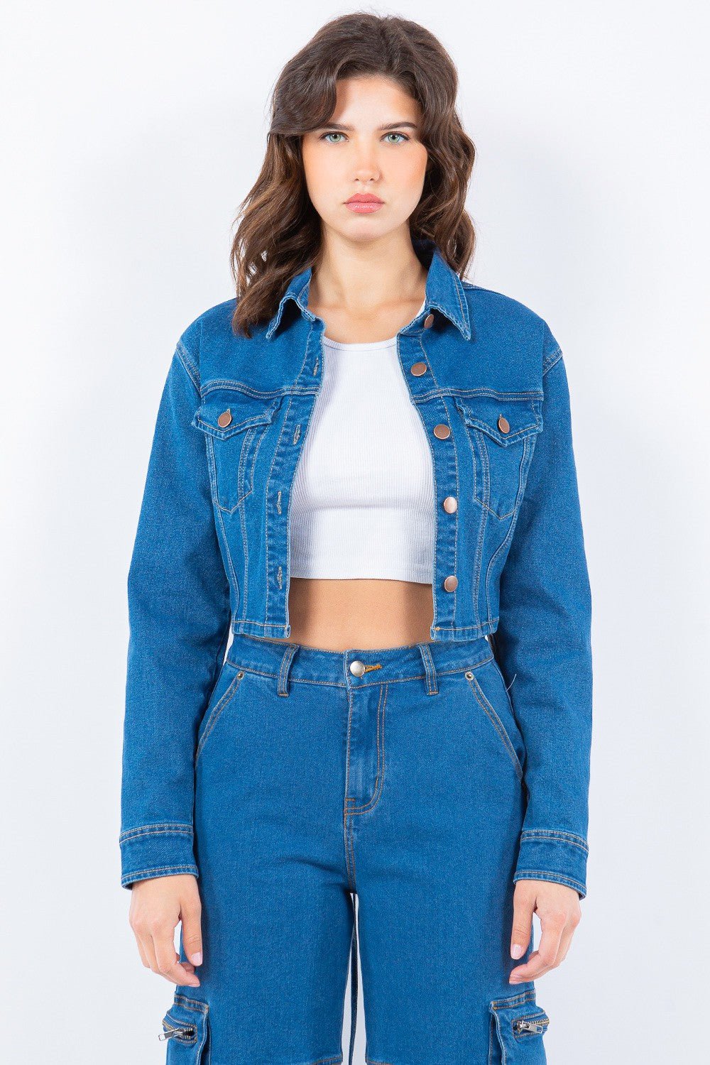 American Bazi Laced Back Cropped Denim Jacket - S. M. & Co. Denim Jacket