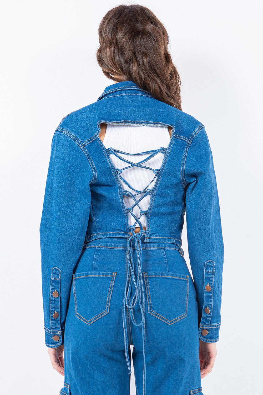 American Bazi Laced Back Cropped Denim Jacket - S. M. & Co. Denim Jacket