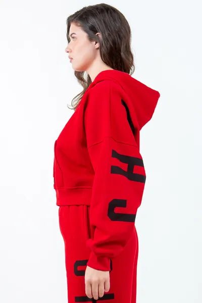 American Bazi Letter Graphic Long Sleeve Drawstring Cropped Hoodie - S. M. & Co.