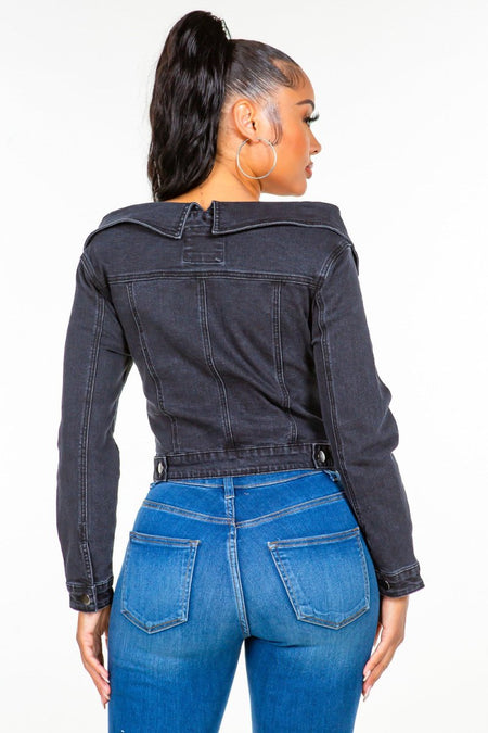 American Bazi Off Shoulder Lace Up Denim Jacket - S. M. & Co.