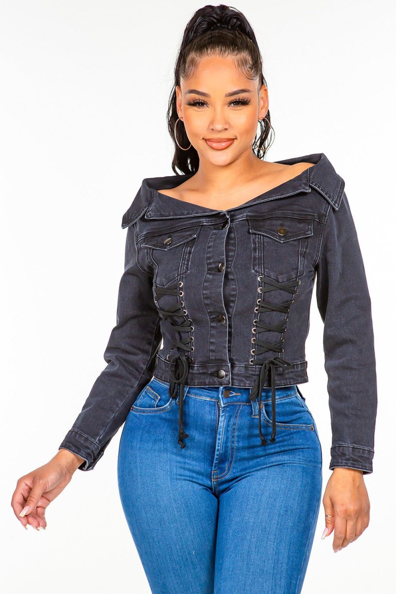 American Bazi Off Shoulder Lace Up Denim Jacket - S. M. & Co.