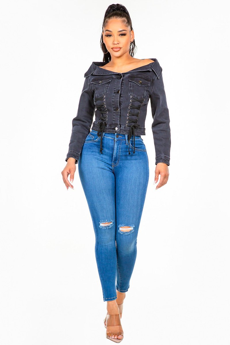 American Bazi Off Shoulder Lace Up Denim Jacket - S. M. & Co.