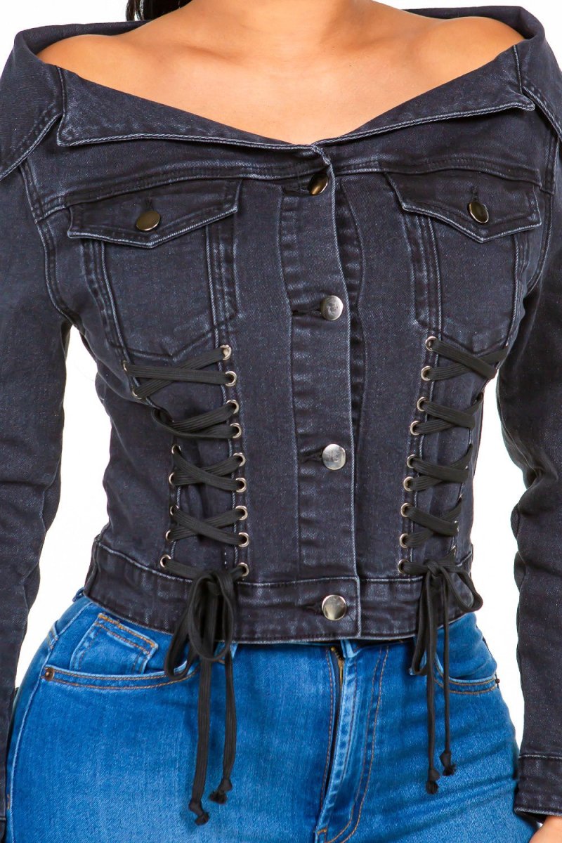 American Bazi Off Shoulder Lace Up Denim Jacket - S. M. & Co.