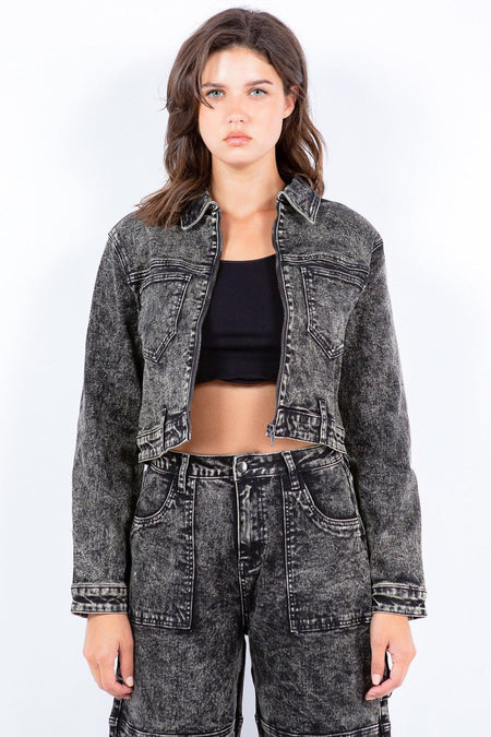 American Bazi Overdyed Bleached Zip Up Cropped Jacket - S. M. & Co. Denim Jacket