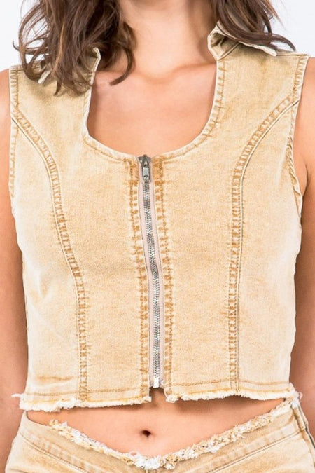 American Bazi Zip Up Washed Crop Denim Vest - S. M. & Co.