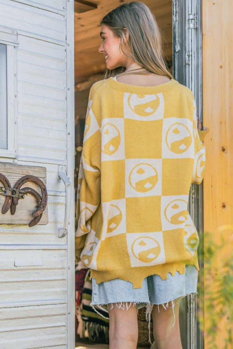 And The Why Checkerboard Sweater with Yin Yang Pattern - S. M. & Co.